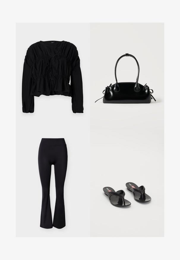Zwarte blouse met lange mouwen, gathered taille en een strikdetail aan de voorkant. Heeft een V-halslijn en een losvallende pasvorm met een textielstructuur.; Zwarte leggings met hoge taille en wijde pijp, gemaakt van een gladde stof zonder zichtbare patronen of versieringen.; Melissa QUANTUM THONG X DIESEL - Teensandalen - black; Kleine zwarte glanzende handtas met twee lange hengsels en zijkant trekkoord details op een effen lichte achtergrond.