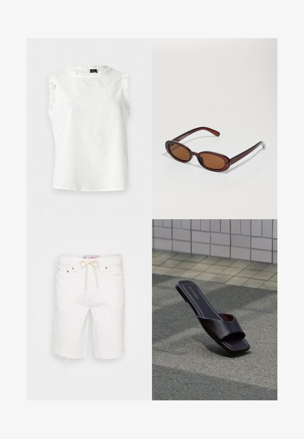 Blouse blanche sans manches avec des points texturés et un volant au col et aux ouvertures des bras, présentée à plat sur fond blanc.; Shorts en denim blanc avec un ourlet effiloché, featuring une taille à cordon, cinq poches et des accents en métal couleur cuivrée.; Sandale slide marron foncé à bout carré et large bride, posée sur un goudron gris près d'un trottoir carrelé.; Lunettes de soleil rondes teinte brun avec une monture bordeaux brillante. Branches fines avec un détail de marque subtil. Design de verres plats.