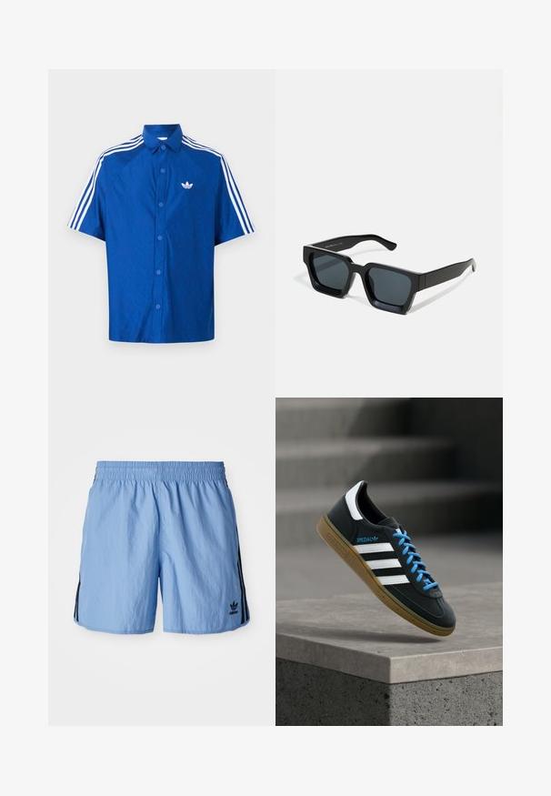 Camisa azul de manga corta con botones, con el logo blanco de Adidas en el pecho y tres franjas blancas que recorren los hombros y las mangas.; Pantalones cortos deportivos azul claro con una cinturilla elástica, con franjas laterales negras y un logotipo negro bordado en la parte inferior derecha.; Zapatilla negra Adidas con franjas blancas, cordones azules y suela de goma flotando sobre un escalón de hormigón gris con luz suave.; Gafas de sol negras rectangulares con lentes oscuros. Montura de plástico grueso y liso con un acabado ligeramente brillante y patillas rectas.