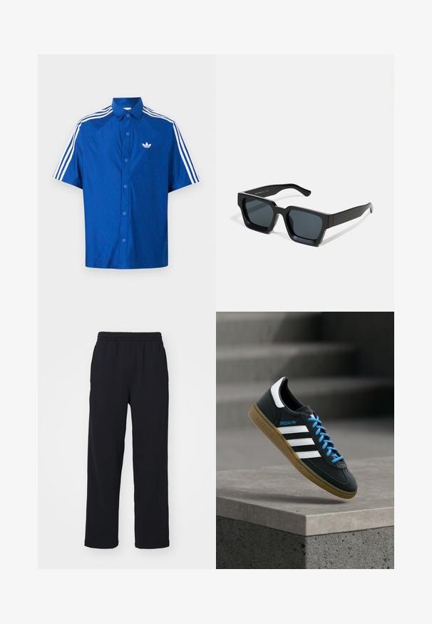 Camisa azul de manga corta con botones, con el logo blanco de Adidas en el pecho y tres franjas blancas que recorren los hombros y las mangas.; Pantalones de chándal negros con cinturilla elástica, piernas rectas y detalles cosidos. Hechos de una tela suave y texturizada.; Zapatilla negra Adidas con franjas blancas, cordones azules y suela de goma flotando sobre un escalón de hormigón gris con luz suave.; Gafas de sol negras rectangulares con lentes oscuros. Montura de plástico grueso y liso con un acabado ligeramente brillante y patillas rectas.