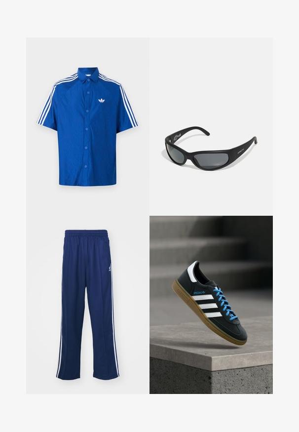 Sinine lühikeste varrukatega nööpide ja valge Adidas logo rinnal ning kolm valget triipu, mis kulgevad mööda õlgu ja varrukaid.; Tumed sinised spordipüksid lõdva lõikega, valgete külgtriipudega ja elastse vöökoha ning sileda kangaga, ilma nähtavate mustrite või lisadega.; Must Adidas toss valgete triibu, siniste paelte ja kummist tallaga, hõljuv pehme valgusega halli betoonastme kohal.; Mustad pruunid päikeseprillid, millel on kaarekujuline raam ja tumedad objektiivid. Omavad mati viimistlust ning brändinimi "ARNETTE" on küljel.