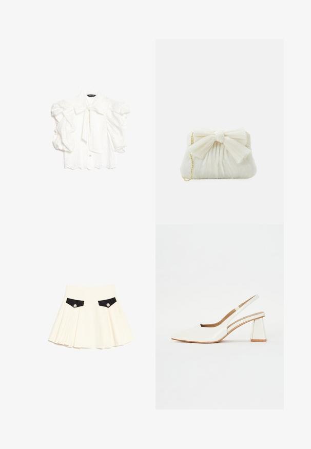 Blouse blanche en broderie anglaise avec manches bouffantes, ourlet festonné et nœud noué au col, étiquetée "sister jane."; Jupe plissée crème avec rabats de poche avant noirs, chacun fixé par un seul bouton décoratif argenté.; Chaussure slingback en cuir verni blanc avec un bout pointu et un talon bloc géométrique. L'intérieur présente une semelle intérieure beige et des découpes latérales minimalistes.; Sac à main plissé blanc avec un nœud proéminent et une chaîne dorée. Texture douce avec un design froncé à l'avant.