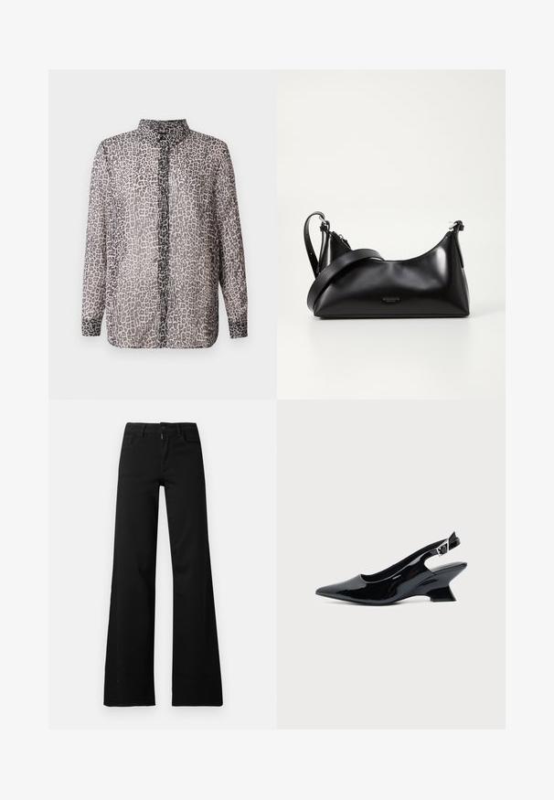 Transparante blouse met lange mouwen in lichtgrijs met een zwart luipaardpatroon. Heeft een kraag en een knoopsluiting aan de voorkant. Zachte, doorschijnende textuur.; Zwarte hoge taille wijde broek met knoop- en ritssluiting aan de voorkant, riemlussen en voorzakken op een witte achtergrond.; Zwarte lakleren slingback schoen met spitse neus en lage schuine blokhak op een effen lichte achtergrond.; Zwarte leren handtas met een gladde textuur. Beschikt over een verstelbare schouderband en een strak, minimalistisch ontwerp met een ritssluiting.