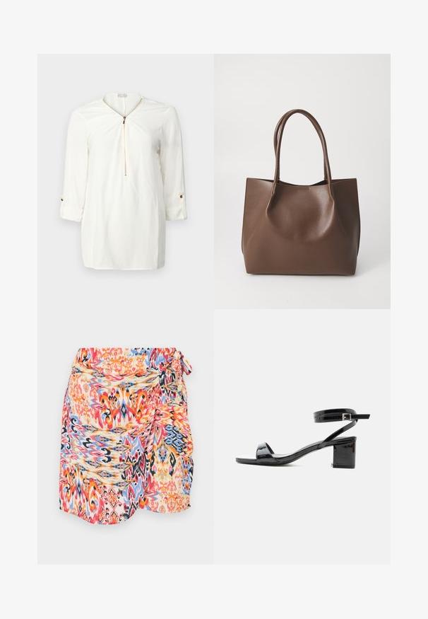 Chemise blanche à manches longues avec un col zippé, en tissu doux, et des détails de manches retroussées avec un accent de bouton doré.; Jupe enveloppante colorée et à motifs avec des dessins tourbillonnants en rouge, bleu, orange et jaune, dotée d'une attache latérale et d'un tissu doux et léger.; Sandale en cuir verni noir avec talon bloc, bout ouvert et bride cheville avec boucle, vue de côté sur fond blanc.; Sac en cuir marron avec deux longues poignées, forme structurée, texture lisse et design minimaliste. Aucun matériel ni accent visible.