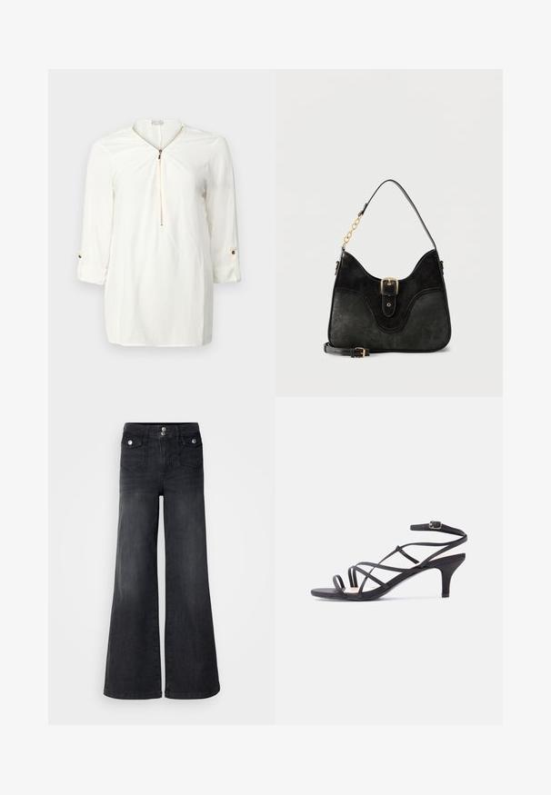Camisa blanca de manga larga con escote con cremallera, tejido suave y detalles de puños enrollados con un acento de botón dorado.; Pantalones vaqueros de mezclilla negra de pierna ancha con una cintura alta, botones en la parte frontal y dos bolsillos delanteros; textura suave con un ligero acabado desvanecido.; Sandalia negra de mujer con tiras, tacón bajo tipo 'kitten' y hebilla en el tobillo sobre un fondo liso y claro.; Bolso de cuero negro con detalle de hebilla dorada, una correa de hombro con eslabones de cadena y una correa cruzada desmontable y ajustable.