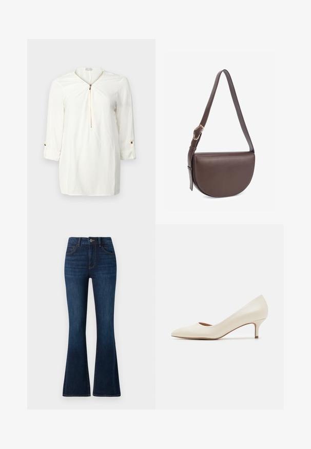 Chemise blanche à manches longues avec un col zippé, en tissu doux, et des détails de manches retroussées avec un accent de bouton doré.; TOM TAILOR STELLA denim bleu foncé; Escarpin beige à petit talon avec un bout pointu et un dessus lisse et brillant. Présente une subtile découpe le long de la voûte et un talon fin et effilé.; Sac bandoulière en cuir marron avec une forme courbée, une sangle réglable et des détails en métal doré. Texture lisse et design minimaliste.