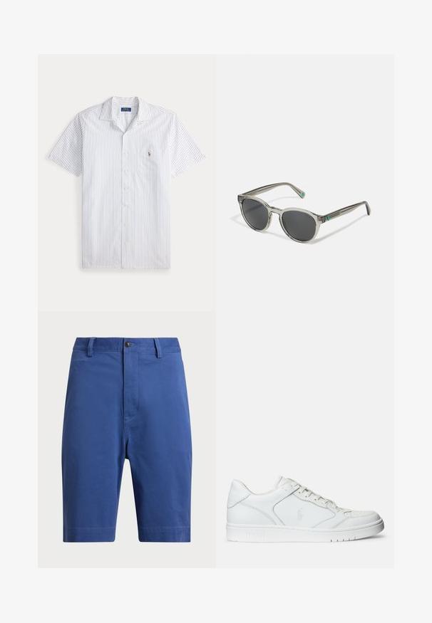 Camisa blanca de manga corta con botones, con finas rayas verticales azules y un pequeño logo bordado en el bolsillo izquierdo del pecho.; Shorts de algodón azul que presentan un frente plano, cierre de un solo botón y trabillas para el cinturón. Piernas de corte recto sin patrones ni acentos visibles.; Zapatilla de cuero blanca con textura suave, que presenta una puntera perforada, cierre de cordones y logo bordado en el lateral. Suela de goma blanca.; Gafas de sol grises transparentes con lentes oscuros, marco redondeado y acentos verdes en las varillas. Presentan un acabado pulido para una textura suave.