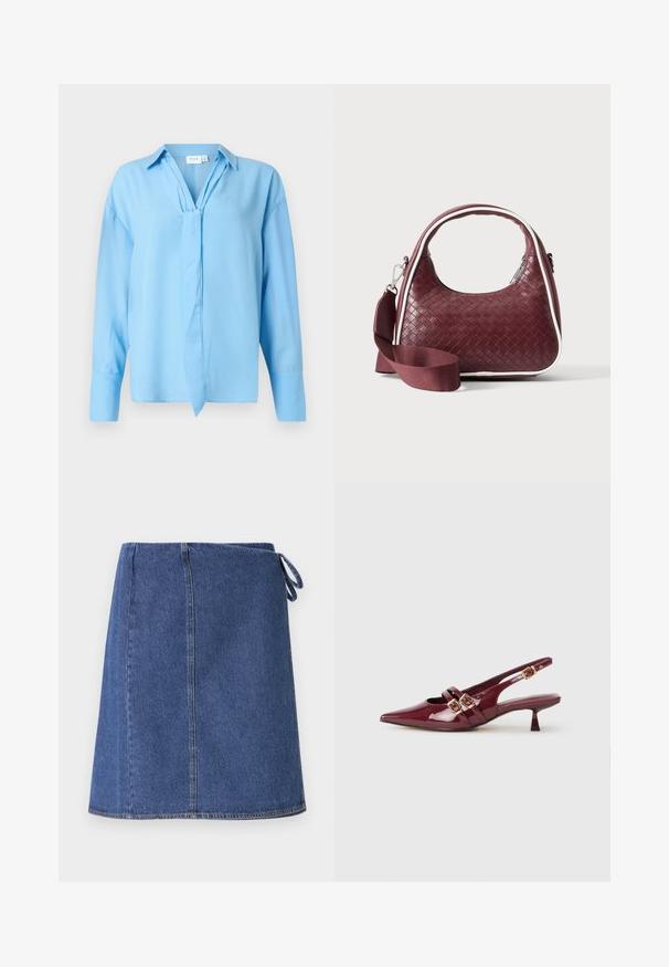 Lichtblauwe blouse met lange mouwen, een kraag en een strikdetail aan de voorkant, gemaakt van gladde stof, gepresenteerd op een witte achtergrond.; Denim wikkelrok in donkerblauw. Heeft een rechte snit, zichtbare stiksels en een zijsluiting voor aanpassing. Glad textuur en standaard zoomlijn.; Bordeaux lakleren slingback schoen met een spitse neus, twee platte banden met gouden gespen en een kleine hak.; Donkerrode geweven leren handtas met gebogen handvat, witte bies, zilveren rits en afneembare brede stoffen schouderriem tegen een effen achtergrond.