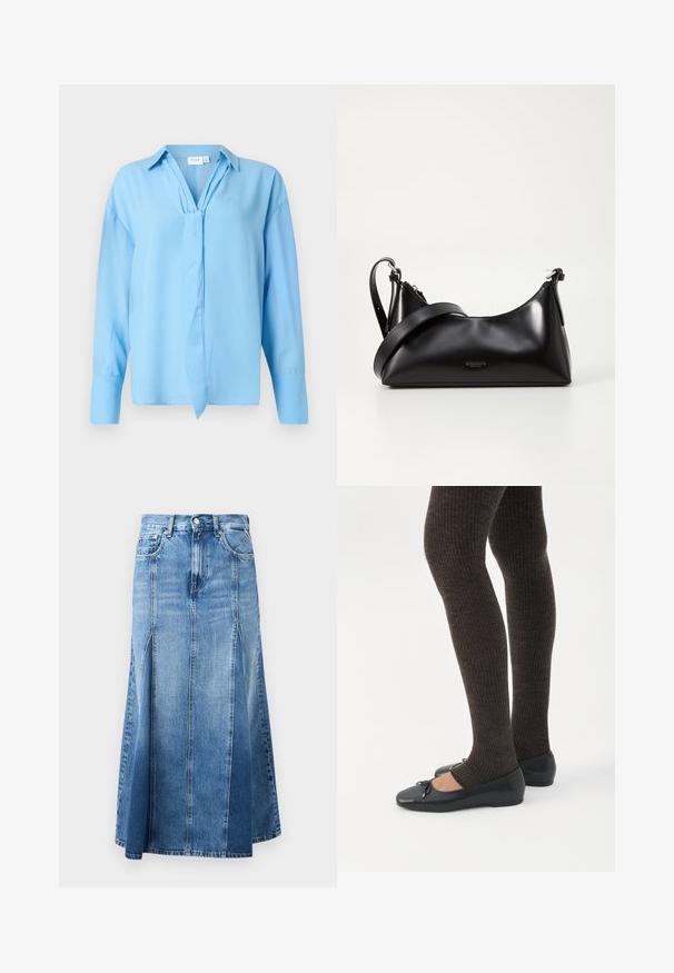 Lyseblå langærmet bluse med krave og frontbinding, lavet af glat stof, præsenteret på en hvid baggrund.; Denim nederdel med en lys til mørk blå gradient, knælængde, med lige snit, frontslids og klassisk knap- og lynlås-lukning.; Ben iført mørke ribbede leggings kombineret med sorte balletsko med små sløjfedetaljer på hvid baggrund.; Sort læderhåndtaske med en glat tekstur. Har en justerbar stropp og et enkelt, minimalistisk design med lynlås.