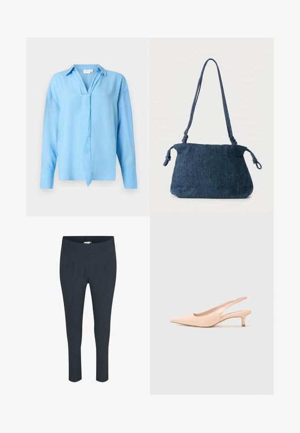 Blusa de manga larga color azul claro con cuello y detalle de lazo en el frente, hecha de una tela suave, presentada sobre un fondo blanco.; Pantalones de color azul marino, ajustados, con una textura suave, que presentan pliegues en la parte delantera y una cinturilla elástica para mayor comodidad.; Steve Madden KARI - Tacones - ballet pink; Bolso de hombro de mezclilla azul oscuro con extremos de correa anudados y forma rectangular simple sobre un fondo blanco.