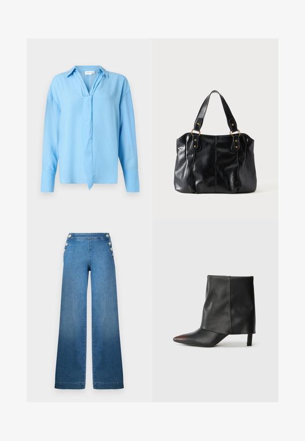 Himmelblaue Bluse mit langen Ärmeln, Kragen und vorderem Bindedetail, aus glattem Stoff, auf einem weißen Hintergrund präsentiert.; Weite blaue Denim-Hose mit hoher Taille, knöpfbaren Seitendetails und einem sauberen Saum. Der Stoff hat eine glatte Textur mit einem leichten Verblassen.; Schwarzer Knöchelstiefel aus glattem Leder mit spitzer Zehenpartie und schmalem Absatz. Das Obermaterial zeichnet sich durch ein leicht gerafftes Design aus.; Schwarze Leder-Schultertasche mit doppelten Trägern, befestigt durch goldene Ringe und Nieten, glatte und leicht glänzende Oberfläche, schlichtes Design.
