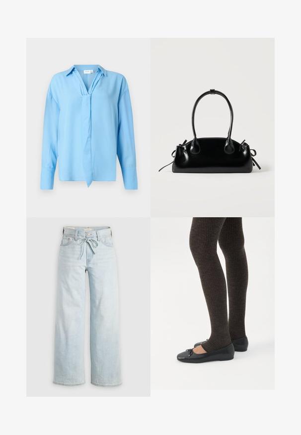 Blusa de manga larga color azul claro con cuello y detalle de lazo en el frente, hecha de una tela suave, presentada sobre un fondo blanco.; Jeans de tiro alto de color azul claro, de pierna ancha, con lazo en la parte delantera, diseño clásico de cinco bolsillos y un sutil detalle de desgaste en las piernas. Material de denim.; Piernas con leggings oscuros acanalados combinados con bailarinas negras que presentan pequeños detalles de lazo sobre un fondo blanco.; Pequeño bolso negro brillante con dos asas largas y detalles de cordón lateral sobre un fondo claro liso.