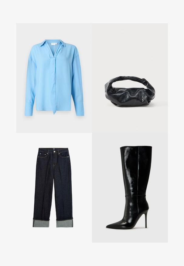 Lyseblå langærmet bluse med krave og frontbinding, lavet af glat stof, præsenteret på en hvid baggrund.; Mørkeblå bredbenede jeans med opsmøg, der har orange syninger og klassisk fem-lommers design. Lavet af denimstof.; Sorte læderknælange støvler med spids tå og høj stilettohæl. Glat tekstur og slank design, med minimalt detaljer.; Sort taske lavet af blankt, tekstureret materiale med et cirkulært, snoet håndtag og lynlås. Har et blødt, rynket design.
