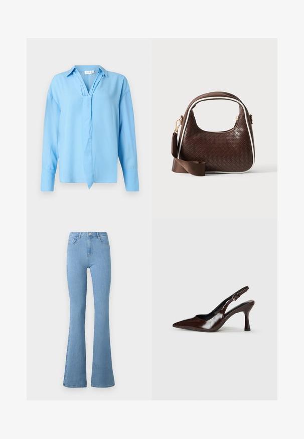 Himmelblaue Bluse mit langen Ärmeln, Kragen und vorderem Bindedetail, aus glattem Stoff, auf einem weißen Hintergrund präsentiert.; Helle blaue Schlagjeans aus Denim, mit hoher Taille, fünf Taschen, einem Reißverschluss auf der Vorderseite und einem metallischen Knopfverschluss.; Braune lackleder Slingback-Absätze mit spitzem Zehen, einem dünnen Absatz und einem verstellbaren Riemen mit einer kleinen Schnalle.; Braune gewebte Lederhandtasche mit weißer Paspel, goldenem Reißverschluss und abnehmbarem braunem Stoff-Schulterriemen.