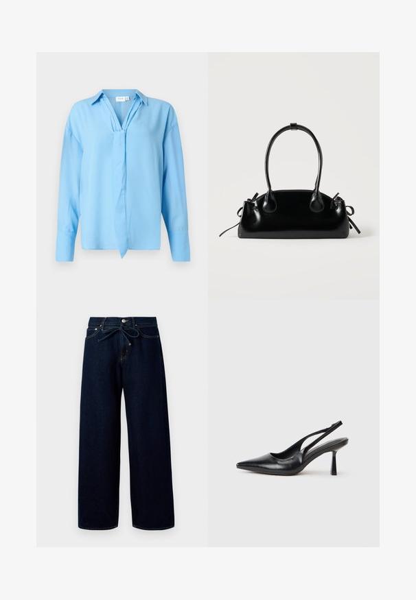 Lichtblauwe blouse met lange mouwen, een kraag en een strikdetail aan de voorkant, gemaakt van gladde stof, gepresenteerd op een witte achtergrond.; Donkerblauwe wijde jeans van denim, met een sluiting met knoppen aan de voorkant en een trekkoord in de taille, versierd met contrasterende stikdetails.; Zwarte leren slingback hoge hak schoenen met puntige neus en slanke hak op een witte achtergrond.; Kleine zwarte glanzende handtas met twee lange hengsels en zijkant trekkoord details op een effen lichte achtergrond.