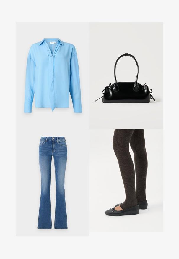 Blouse à manches longues bleu clair avec un col et un détail de nœud à l'avant, fabriquée en tissu lisse, présentée sur un fond blanc.; Jeans taille haute en denim bleu avec poches avant, fermeture à bouton et à glissière, et jambes évasées.; Jambes portant des leggings côtelés foncés associés à des ballerines noires avec de petits détails en nœud sur fond blanc.; Petit sac à main noir brillant avec deux longues anses et des détails à cordon sur les côtés sur un fond clair uni.