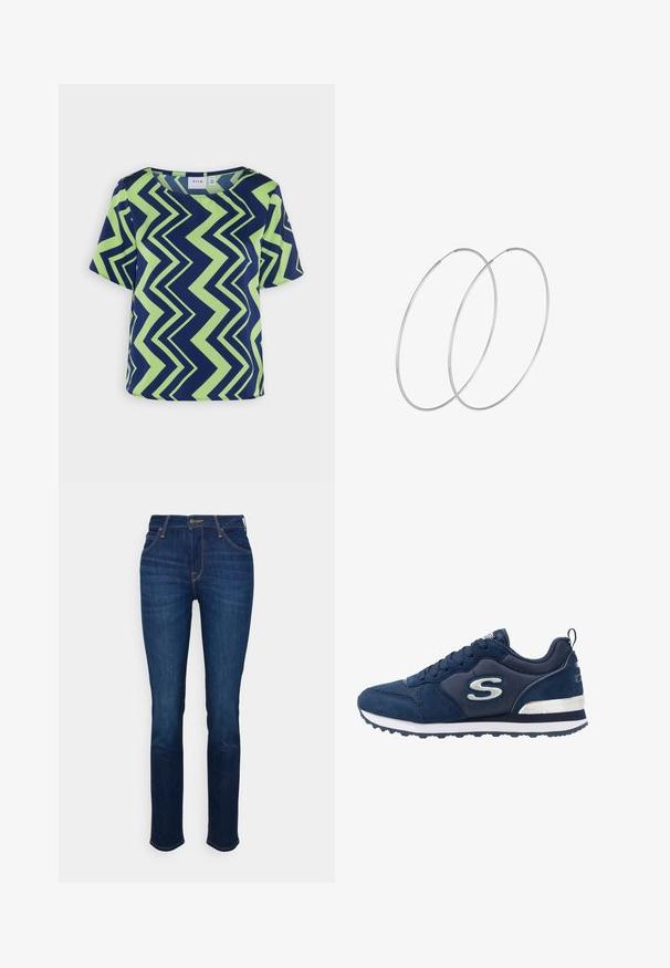 VILA VIHULA O-NECK - Bluse - mazarine/jade lime; Mørkeblå denimjeans med lige ben-design, der har lynlås og knaplukning, fem lommer og kontrasterende guldstikninger.; Mørkeblå sportssko lavet af ruskind og mesh-materialer, med et fremtrædende sølvlogo, struktureret overdel og en hvid mellemsål.; Sølvøreringe med et minimalistisk design. Cirkulær form, glat tekstur og tynd profil. Letvægtige med en poleret overflade.