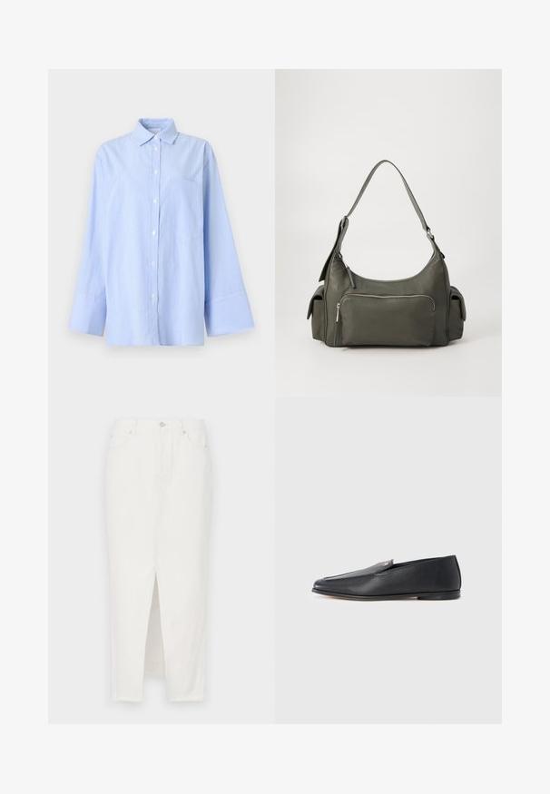 Chemise bleu clair à boutons avec fines rayures verticales, manches longues, larges poignets et une poche poitrine sur un fond uni.; Jupe en denim blanc avec une fente à l'avant, dotée d'une fermeture par bouton et fermeture éclair, cinq poches et un ourlet brut en bas.; Mocassins en cuir noir à texture lisse, bout arrondi et détails de couture subtils. Ils présentent un accent logo doré sur le côté supérieur.; Sac à épaule en cuir vert avec un design arrondi, poche zippée à l'avant et poches supplémentaires sur les côtés. Texture lisse et matériel minimal.