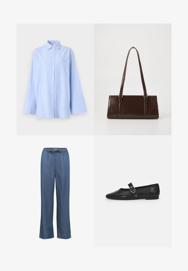 Chemise bleu clair à boutons avec fines rayures verticales, manches longues, larges poignets et une poche poitrine sur un fond uni.; Pantalon en denim à jambes larges dans une teinte bleu moyen, doté d'une taille élastique avec un cordon de serrage réglable et d'une coupe droite pour un ajustement décontracté.; Chaussure plate en cuir noir avec un bout arrondi, une seule sangle réglable à boucle et une texture lisse et brillante. Design minimaliste avec un petit talon.; Sac à main en cuir verni marron de forme rectangulaire, avec deux longues poignées et des accents courbés subtils à l'avant.
