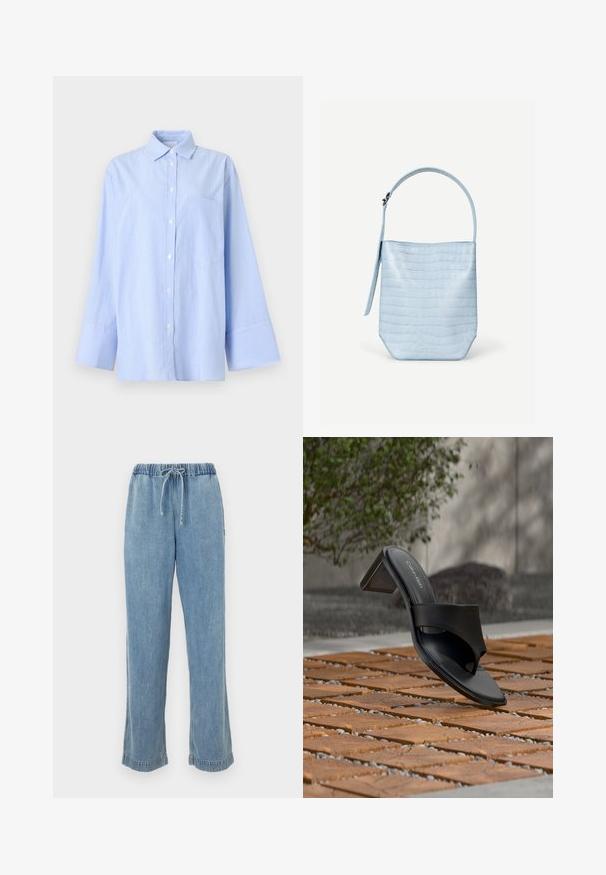 Hellblaues Hemd mit Knöpfen, dezenten vertikalen Streifen, langen Ärmeln, breiten Manschetten und einer Brusttasche vor einfarbigem Hintergrund.; Helle blaue Jeans mit elastischem Bund, Kordelzug und aufgerollten Säumen. Gerades Bein mit lässiger Passform.; Schwarze Calvin Klein Sandale mit Absatz und Zehenschlaufe auf einem Holzkachelfußboden im Freien neben einem Baum und einer Steinmauer.; Hellblaue Handtasche mit Krokodilstruktur, rechteckiger Form, einem einzelnen oberen Griff und einem seitlich hängenden Riemen vor einem schlichten weißen Hintergrund.