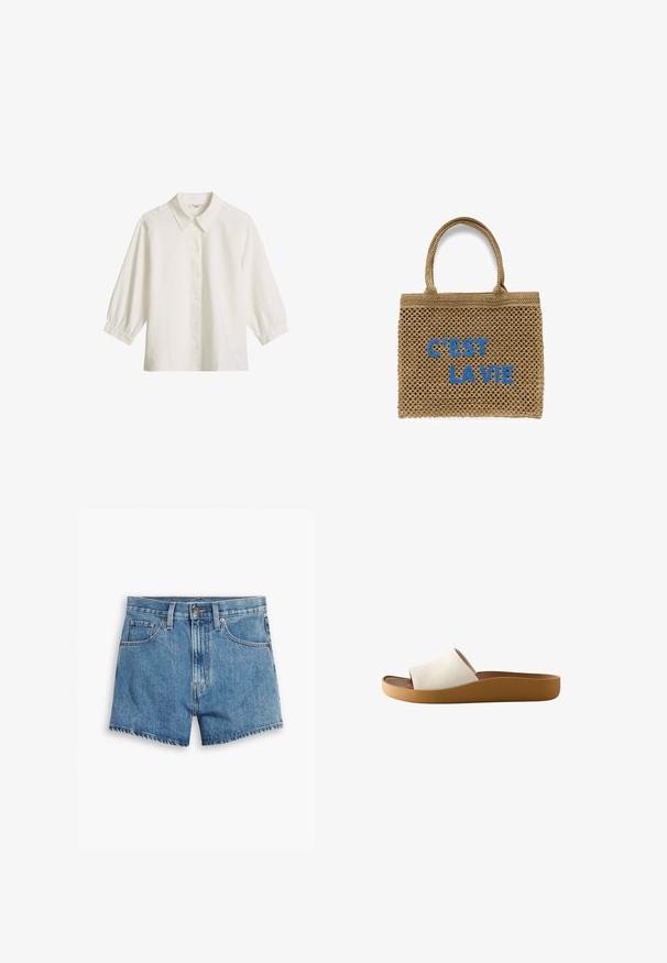 Weißes Hemd mit Knöpfen, drei Viertel Puffärmel und spitzem Kragen, vor einfachem Hintergrund präsentiert.; Hellblaue Denim-Shorts mit fünf Taschen, einem Reißverschluss und einem Knopfverschluss. Der Saum ist fransig und das Design bietet eine lässige Passform.; Einzelne weiße Slide-Sandale mit breitem Riemen und dicker brauner Sohle, von der Seite auf weißem Hintergrund gezeigt.; Gewebte Jute-Tasche in natürlichem Braun mit blauer Aufschrift "C'EST LA VIE." Mit zwei stabilen Griffen und rechteckiger Form.