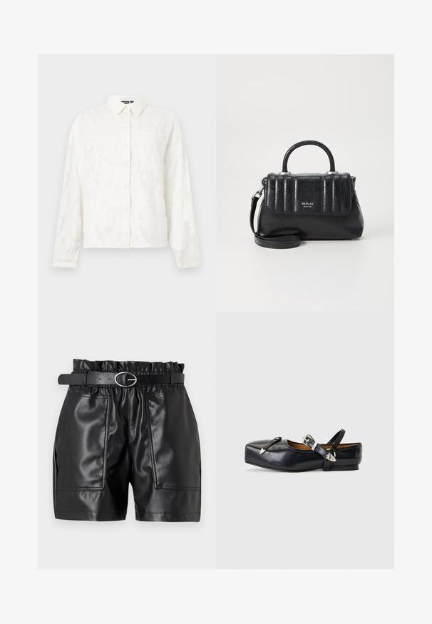 Camisa blanca de botones con un patrón floral texturizado, mangas largas, cuello y un único bolsillo en el pecho. Presenta un corte relajado.; Pantalones cortos de cuero sintético negro con una cinturilla elástica, una textura suave y dos bolsillos frontales, complementados por un cinturón estrecho con hebilla plateada.; Zapato plano de cuero negro con puntera cuadrada, dos correas con hebillas plateadas y tacón bajo sobre un fondo gris claro.; Bolso de mano de cuero negro con un diseño estructurado, que cuenta con un asa redondeada, una correa desmontable y pliegues horizontales en el frontal. Acabados en hardware plateado.