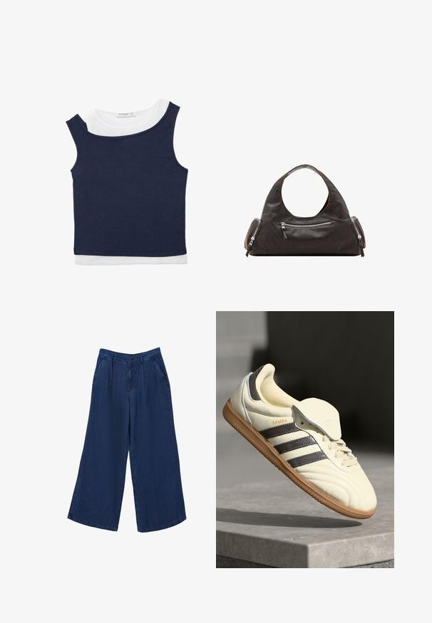 Marineblaues ärmelloses kurz geschnittenes Top, getragen über einem weißen Rundhals-T-Shirt mit kurzen Ärmeln.; Weite Jeanshose in Dunkelblau. Sie verfügt über zwei Fronttaschen, einen Knopfverschluss und hat eine glatte Textur mit einem leichten Stoff.; Cremfarbene Ledersneaker mit drei dunklen Streifen, einer braunen Gummisohle und einer abgerundeten Zehenpartie. Hat eine faltbare Zunge, die mit "SAMBA" beschriftet ist.; Schwarze Lederhandtasche mit rundem Tragegriff oben, zwei Seitentaschen mit Reißverschlüssen und glatter Oberfläche. Leicht lockeres Design.