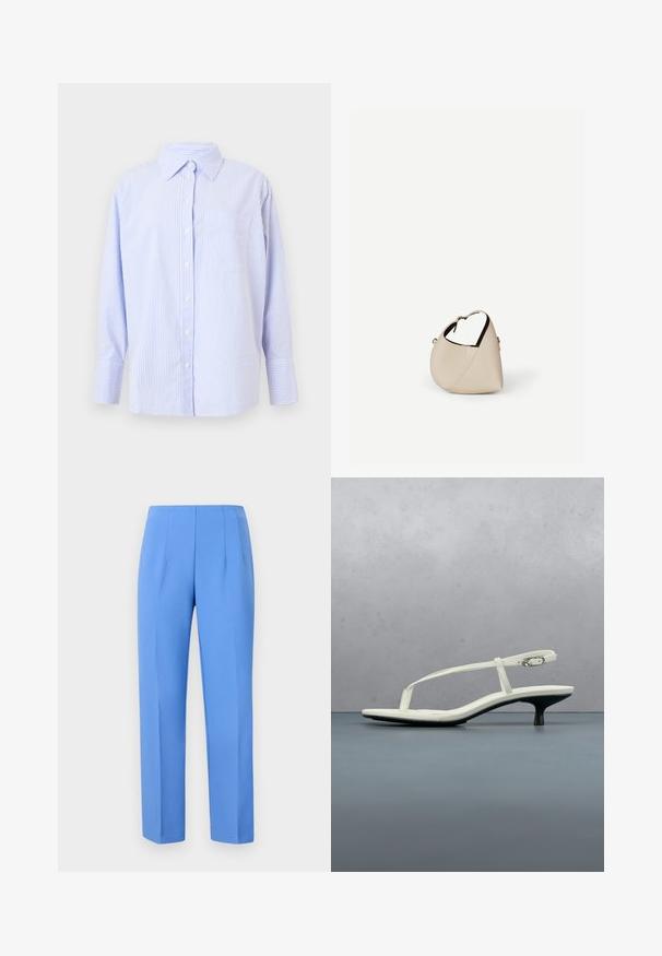 Camisa de botones a rayas en azul claro y blanco, con cuello, de manga larga y bolsillo en el pecho. Fabricada en suave tela de algodón.; Pantalones azules a medida, hechos de tela suave con pliegues laterales, que presentan un corte recto y una cinturilla limpia. Sin hardware visible ni patrones.; Sandalia blanca de tacón kitten con tiras y punta afilada, flotando sobre un suelo de baldosas de madera al aire libre, con un fondo desenfocado de plantas y pared.; Bolso de cuero beige en forma de media luna con una sola correa para el hombro y costuras mínimas, colocado sobre un fondo blanco liso.