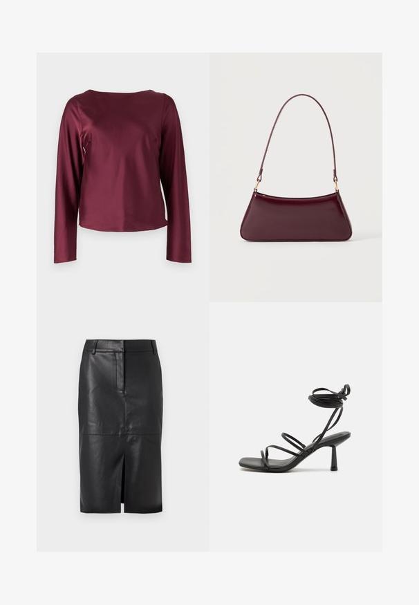 Burgunderfarvet langærmet bluse med rund halsudskæring. Glat, shiny stof med lige sider og en let cropped nederkant. Ingen synlige mønstre eller detaljer.; Sort læder blyantskørter med en forslidser, der har en glat tekstur, to sidelommer og en tætsiddende silhuet.; Sort strappy sandal med firkantet tå, justerbare ankelbind og en slank, blokhæl. Fremstillet af et glat, holdbart materiale.; Mørk burgunderglans håndtaske med et enkelt tyndt håndtag og en elegant, trapezformet form på en ensartet lys baggrund.