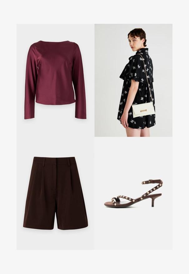 Burgunderfarvet langærmet bluse med rund halsudskæring. Glat, shiny stof med lige sider og en let cropped nederkant. Ingen synlige mønstre eller detaljer.; Brune plisserede shorts lavet af letvægtsstof. Har en klassisk talje og sidelommer, med en lige pasform og kantede kanter.; Brun sandal med hæl og ankelrem, pyntet med skiftevis perler og klare sten på tynde remme.; Sort kjole med hvide sløjfe mønstre, korte ærmer, flæser ved skuldrene. Hvid clutch med guldkæde og lukning, holdt i højre hånd.