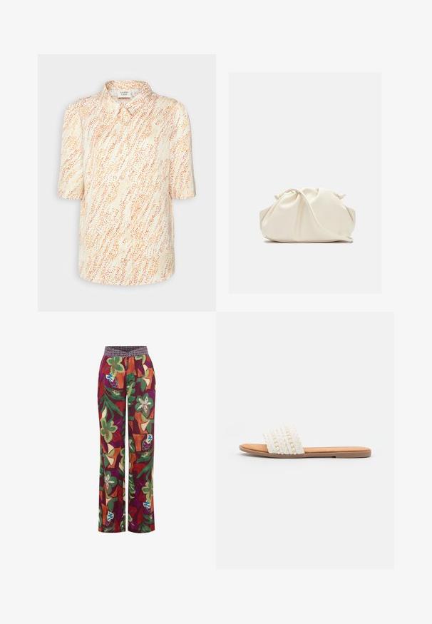 Another-Label BACHE - Blusa - structured sand; Pantalones de pierna ancha con un vibrante patrón floral en púrpura, verde y naranja. Presentan una cinturilla elástica con un acento geométrico.; Sandalia deslizante blanca tejida con textura trenzada y cuentas decorativas, que cuenta con una plantilla suave en tono marrón y suela plana de goma.; Bolso de mano de cuero suave de color crema con diseño fruncido y plisado y una delgada correa para el hombro que descansa delante sobre un fondo liso.