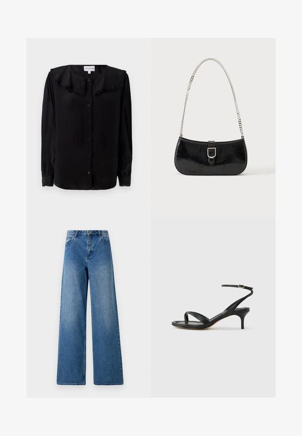 Zwarte blouse met lange mouwen, een rimpelcollar, knopsluiting aan de voorkant en taps toelopende manchetten. Gemaakt van een gladde stof met een subtiele glans.; Wijduitlopende jeans van blauwe denim. Heeft een hoge taille, vijf zakken en een sluiting met een knoop aan de voorkant. Glad textuur met lichte vervaging.; Zwarte leren dames sandaal met dunne bandjes, een teengreep, een enkelgesp en een stilettohak van gemiddelde hoogte op een neutrale achtergrond.; Zwarte lakleren schoudertas met een zilveren gespdetail en een zilveren kettingriem, getoond tegen een effen lichte achtergrond.