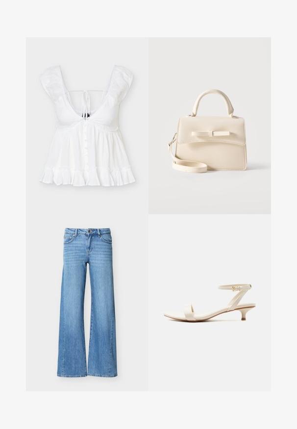 Blouse blanche sans manches avec un col en V profond, fermeture à boutons sur le devant, ourlet froncé et détail noué à l’arrière, en tissu léger.; Jean en denim bleu clair avec une taille haute, fermeture à boutons et fermeture éclair, poches avant, et jambes larges.; Sandale beige à talon bas avec une bride unique pour les orteils et une bride de cheville ajustable ornée d'une petite boucle en or, sur fond blanc.; Petit sac à main beige avec poignée supérieure, bandoulière amovible, rabat avant et nœud horizontal décoratif sur un fond uni.
