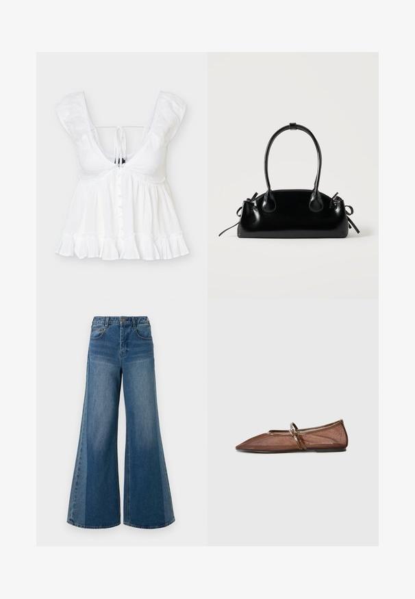 Blouse blanche sans manches avec un col en V profond, fermeture à boutons sur le devant, ourlet froncé et détail noué à l’arrière, en tissu léger.; Jean en denim à larges jambes dans un lavage bleu foncé, avec taille haute, cinq poches et fermeture à bouton classique. Texture lisse avec un minimum de décoloration.; Ballerines en mesh marron avec un bout pointu, une fine sangle en cuir et une semelle plate. La tige présente une texture transparente.; Petit sac à main noir brillant avec deux longues anses et des détails à cordon sur les côtés sur un fond clair uni.