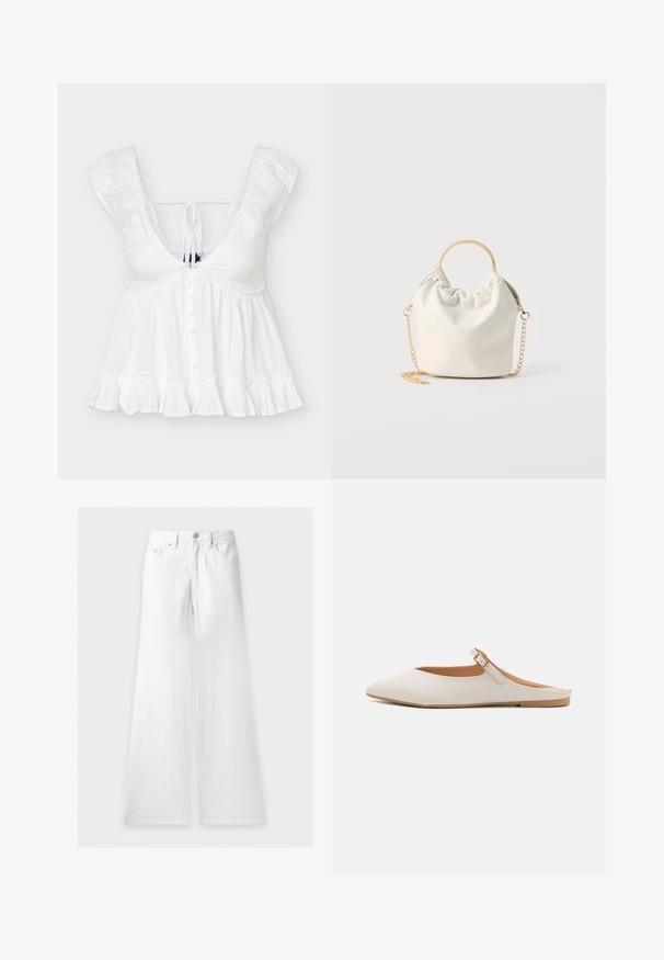 Blouse blanche sans manches avec un col en V profond, fermeture à boutons sur le devant, ourlet froncé et détail noué à l’arrière, en tissu léger.; Jean blanc taille haute à jambes larges avec passants de ceinture, bouton à l’avant, fermeture éclair et deux poches avant, posé à plat sur fond blanc.; Mule en cuir blanc avec un embout pointu et une petite bride de cheville. Présente une semelle intérieure brun clair et une semelle en caoutchouc beige. Texture lisse.; Petite sac à main blanc tissé avec poignée ronde en or et bandoulière chaîne en or, présenté sur un fond neutre.
