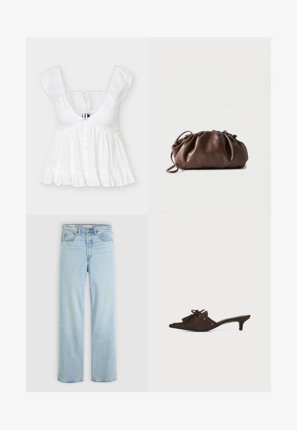 Blusa blanca sin mangas con escote en V pronunciado, cierre de botones en la parte delantera, bajo con volantes y detalle de lazo en la parte trasera, confeccionada en tela ligera.; Jeans de denim azul claro con corte recto, que cuentan con cinco bolsillos, un cierre de cremallera clásico y costuras visibles.; Zueco puntiagudo de ante marrón oscuro con tacón bajo de tipo kitten, borlas decorativas y detalle de encaje sobre fondo blanco.; Bolso tipo bolsa de cuero marrón suave con parte superior fruncida y asa delgada, apoyado sobre un fondo blanco.