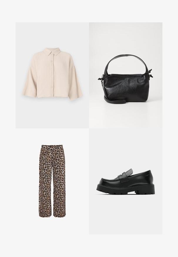 Kortærmet, knappet skjorte i en lys beige, krøllet stof. Har en spids krave og løse, brede ærmer for en afslappet pasform.; Bukser med vide ben i brun, sort og beige leopardmønster, med høj talje og løs pasform.; Sorte læder loafers med en chunky tekstureret sål, der har en rem over vamps og en glat, poleret finish.; Sort læderhåndtaske med et struktureret design, rund tophåndtag og aftagelig skulderrem. Den har en glat tekstur og en subtil glans.