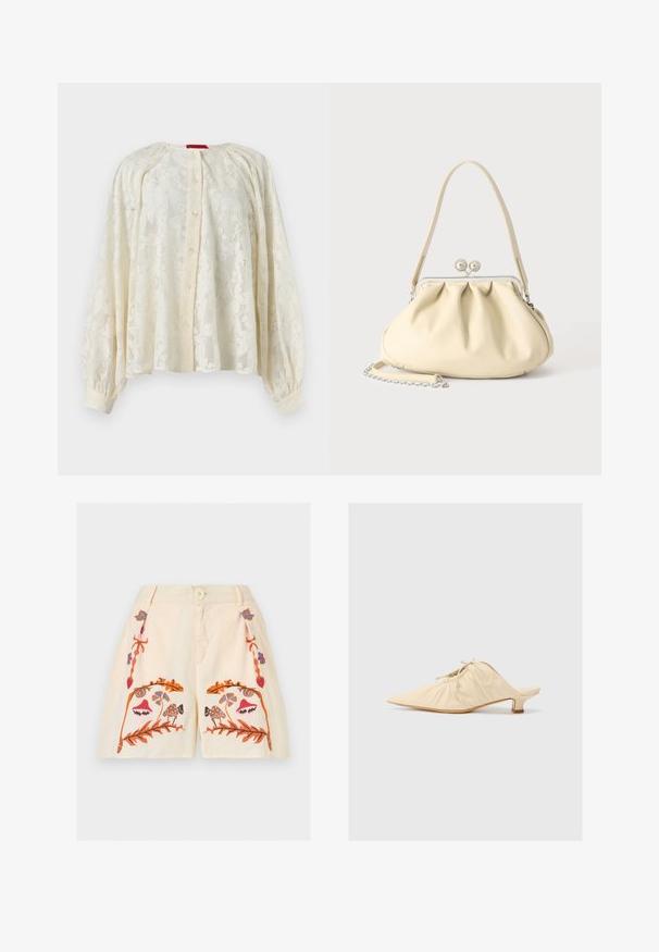 Blusa larga de encaje crema con mangas largas, cierre frontal con botones, escote fruncido y puños abotonados sobre fondo blanco liso.; Pantalones cortos de color crema con botón frontal, cierre de cremallera y bordados con patrones florales y de setas simétricos en naranja, rosa, azul y marrón.; Zapato de piel color crema tipo slip-on con puntera afilada, detalles fruncidos en la parte delantera y un tacón corto y cuadrado.; Bolso de mano de piel suave color crema con diseño fruncido, cierre de marco plateado, asa corta y una correa de cadena desmontable.