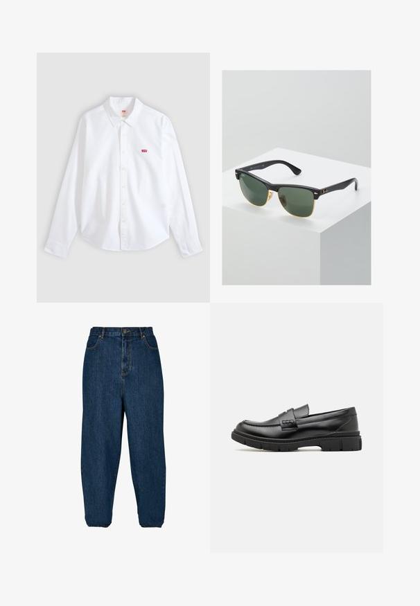 Chemise blanche à manches longues, boutonnée, avec col et petit logo rouge Levi's sur le côté gauche de la poitrine sur un fond neutre.; Jean en denim bleu foncé avec une coupe décontractée, taille haute et poignets élastiques. Il dispose d'une fermeture à bouton à l'avant et de cinq poches.; Mocassin en cuir noir avec une large sangle sur le devant, semelle en caoutchouc à épaisse rainure, et texture lisse. Design classique et élégant.; Lunettes de soleil Ray-Ban avec des verres verts, monture en plastique noir et accents dorés sur les bords. Forme carrée avec une finition mate.