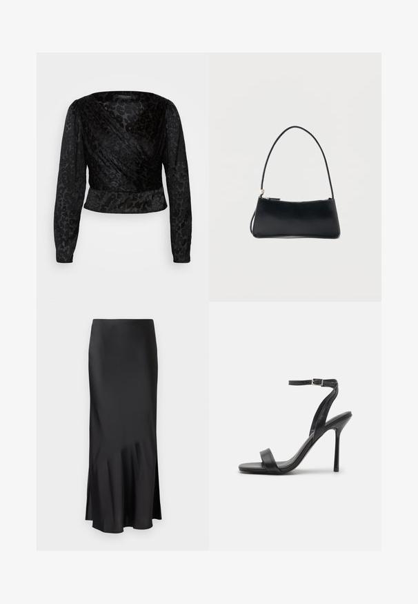 Sort indpakningsbluse med lange gennemsigtige ærmer og tekstureret leopardmønster. Stoffet er glat med en tætsiddende silhuet og v-halsdesign.; Sort satin midi-skirt med et elegant design, der har en let flared kant og en sideslids for nem bevægelse. Glat tekstur.; Sort højhælet sandal med en slank ankelrem og to forreste bånd. Lavet af glat læder med en slank spids tå og stilettohæl.; Sort rektangulær håndtaske med tynd skulderrem og lynlåslukning, sat mod en enkel hvid baggrund.