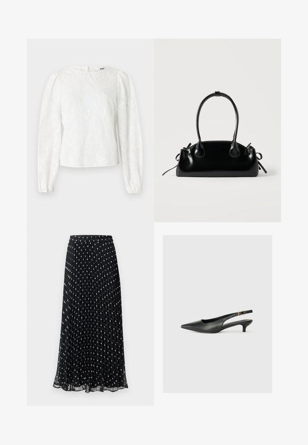 Blouse blanche avec broderies florales, manches longues bouffantes, encolure arrondie et fermeture éclair au dos. Tissu lisse et léger.; Jupe noire plissée à pois blancs, dotée d'une taille élastique et d'un design fluide, fabriquée en tissu léger.; Chaussure slingback noire à bout pointu en cuir lisse. Présente un talon fin et un détail de boucle sur la sangle réglable.; Petit sac à main noir brillant avec deux longues anses et des détails à cordon sur les côtés sur un fond clair uni.