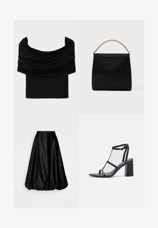 Sort off-shoulder top med draperet stof, blød tekstur og en tætsiddende pasform. Har en glat, minimal kant ved taljen.; Sort satin midi-nederdel med en voluminøs, ballonform. Glat tekstur og en tætsiddende talje, designet til en svævende silhuet.; Sorte hælede sandaler med firkantet tå og blokhælb. Har tynde stropper og en justerbar ankelspænde. Glat læderoverflade.; Sort taske lavet af glat stof, med en struktureret form, et håndtag med guld kæde og et minimalistisk geometrisk design.