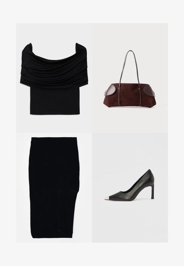 Zwarte off-shoulder top met gevallen stof, zachte textuur en een getailleerd ontwerp. Kenmerkt zich door een gladde, minimalistische zoom op de taille.; Zwarte, knielange rok van gaasstof met een getailleerde pasvorm en elastische tailleband, met een gestructureerd oppervlak.; Zwarte leren hoge hak met een spits toelopende neus en een metalen zilverkleurige kap. Heeft een gladde afwerking en een slanke hak van 10 cm.; Bruine suède tas met leren accenten, gestructureerde vorm, dubbele schouderbanden en ronde randen, met een gladde textuur en minimale hardware.