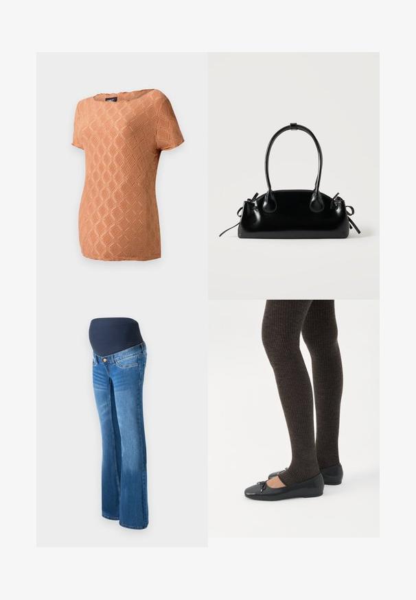 Kortærmet, struktureret top i blød orange med et diamantmønster. Har rund halsudskæring og en afslappet pasform.; Graviditetsjeans lavet af blå denim, med en mørkeblå strækpanel i taljen, udfoldede ben og klassisk fem-lomme design.; Ben iført mørke ribbede leggings kombineret med sorte balletsko med små sløjfedetaljer på hvid baggrund.; Lille sort blank håndtaske med to lange håndtag og snøre-detaljer i siden på en ensfarvet lys baggrund.