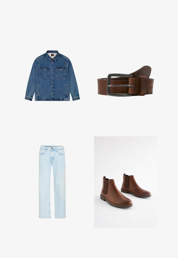 Jeansblaue Jacke mit Kragen, durchgehender Knopfleiste, zwei Brustklappentaschen, zwei seitlichen Schlitztaschen und langen Ärmeln.; Hellblaue Jeans mit geradem Bein, vorderem Knopf und Reißverschluss, Gürtelschlaufen und Vordertaschen auf weißem Hintergrund.; Braune Leder-Stiefeletten mit elastischen seitlichen Einsätzen, einer abgerundeten Spitze und einem gestapelten Absatz. Glatte Textur mit kontrastierenden braunen Akzenten.; Brauner Leder-Gürtel mit einer gebürsteten Metallschnalle, zeichnet sich durch eine glatte Textur und ein klassisches Design aus. Der Riemen läuft zur Spitze hin schmaler zu.