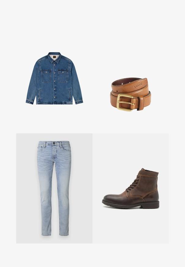Jeansblaue Jacke mit Kragen, durchgehender Knopfleiste, zwei Brustklappentaschen, zwei seitlichen Schlitztaschen und langen Ärmeln.; Hellblaue Jeans im Slim-Fit-Stil mit einem Fünf-Taschen-Design und einem Reißverschluss. Sie weisen subtile Ausbleichungen und gestickte Details an den Nähten auf.; Jack & Jones JFWDELANEY BOOT - Schnürstiefelette - cognac; Gerollter brauner Ledergürtel mit Messingschnalle und geprägtem Levi's-Logo nahe dem Ende vor weißem Hintergrund.