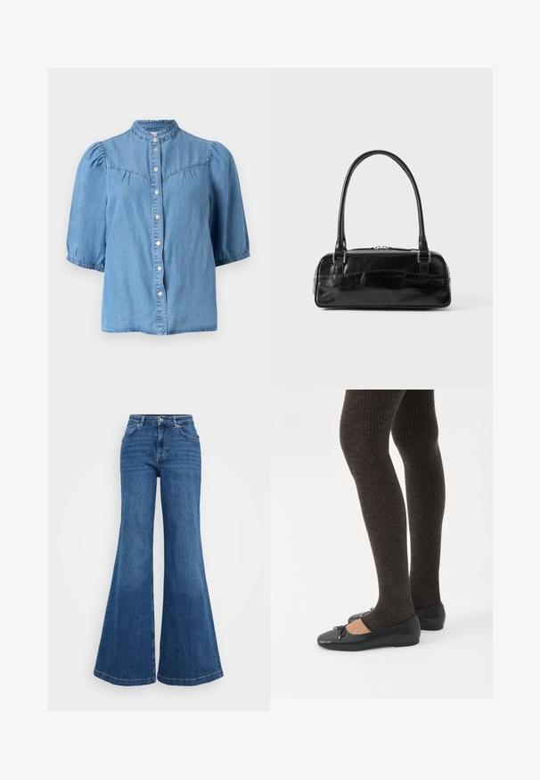 Lys bl? denimbluse med puffede korte ?rmer, h?jt fl?set krave og foran lukkes med trykknapper.; Blå denim flared jeans med høj talje, der har et klassisk five-pocket design og en glat tekstur. Kantene er brede og færdigbehandlede.; Ben iført mørke ribbede leggings kombineret med sorte balletsko med små sløjfedetaljer på hvid baggrund.; Sort læderhåndtaske med rektangulær form, der har et enkelt struktureret håndtag, sølvhardware og lynlås-lukning. Glat tekstur.