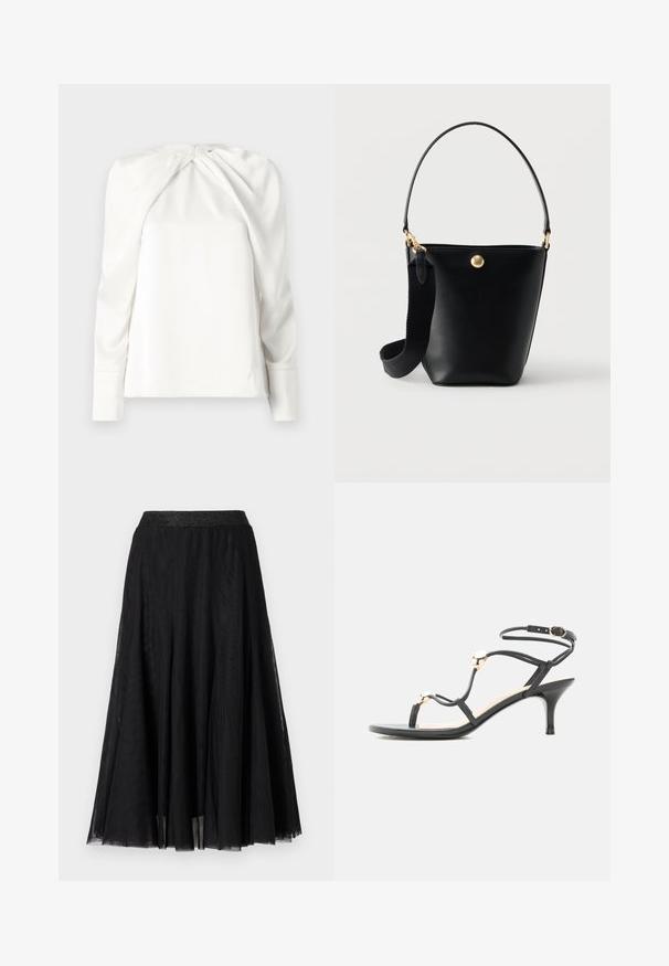 Hvid bluse med lange ærmer, der har et draperet frontdesign og en glat, skinnende tekstur. Inkluderer en lynlåslukning i ryggen ved nakken.; Sort maxi-skirt med et struktureret, flydende design. Har en bred, glitrende talje og et lagdelt, gennemsigtigt stof for en yndefuld fremtoning.; Sort midhæl sandal med stropper, guld accenter perler og ankelrem med spænde på hvid baggrund.; Sort læder bucket taske med kort håndtag og bred aftagelig stofskulderrem, med en lille rund guldemblem foran.