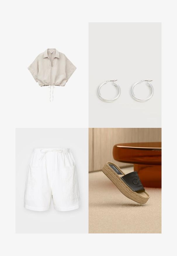 Blusa beige de manga corta con cuello abierto y dobladillo con cordón, hecha de tela ligera.; Pantalones cortos de algodón blancos con una cintura elástica, cordón de ajuste y dos bolsillos delanteros que presentan intrincados diseños bordados.; Sandalia plataforma beige con suela trenzada y parte superior de cuero negro con el logo "CK" en relieve, situada cerca de una mesa circular marrón.; Par de pendientes de aro plateados brillantes de tamaño mediano con cierres metálicos finos sobre un fondo neutro claro.