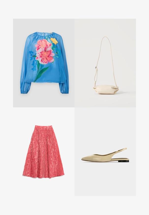 Lichtblauwe doorschijnende blouse met lange mouwen, voorzien van grote bloemenprints in roze, geel en groen. Elastische manchetten en geplooide halslijn.; Vloeiende koraalkleurige maxirok van textuurstof, met een bloempatroon en kleine witte accenten, en plooien voor volume.; Beige platte slingback schoen met puntige neus, lage zwarte hak en een glad leren afwerking, zijaanzicht op een effen achtergrond.; Kleine beige leren crossbody tas met verstelbare riem, getoond tegen een effen lichte achtergrond.